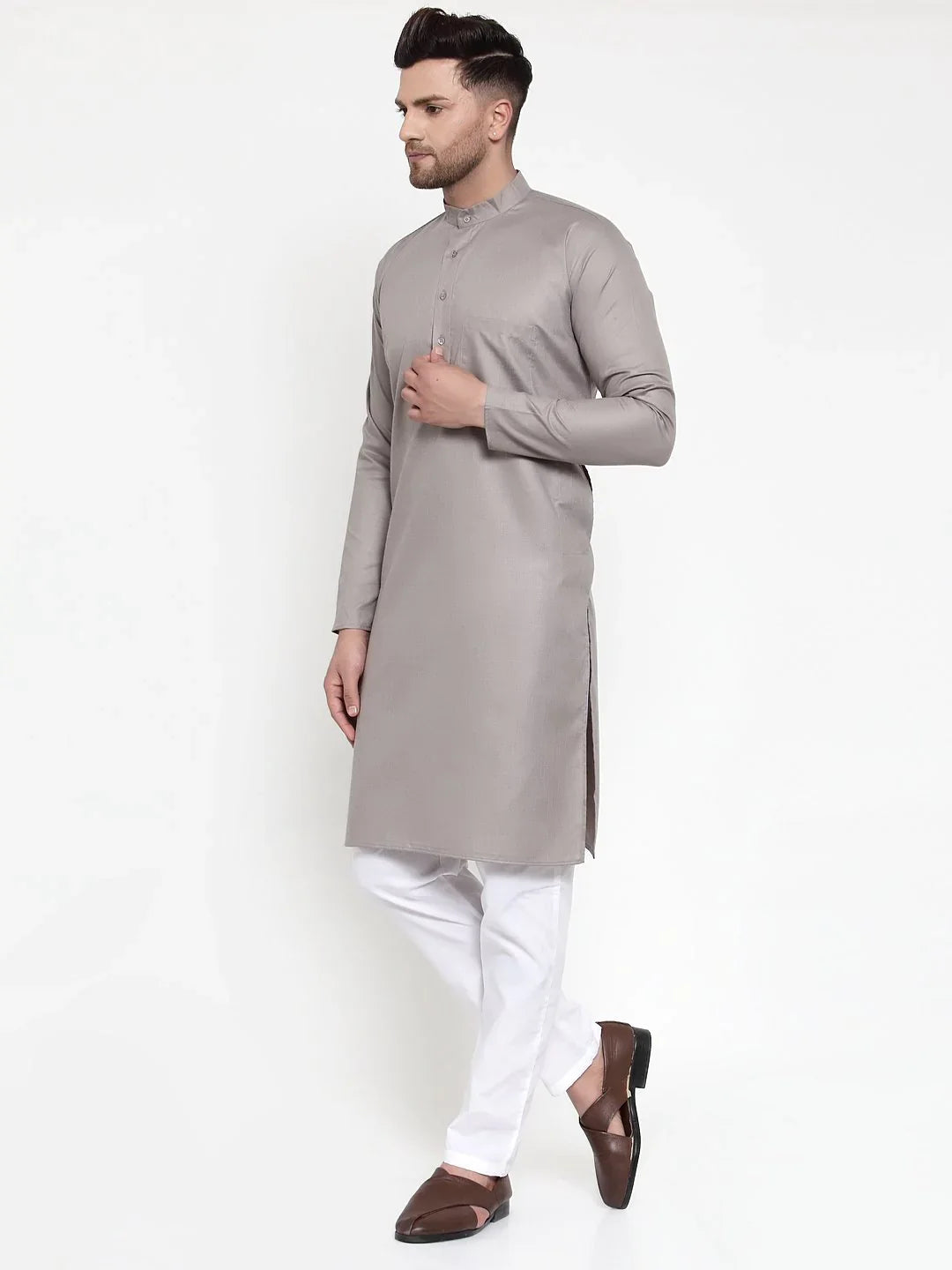 Grey & White Mens Kurta - Cotton Indian Kurta for Men