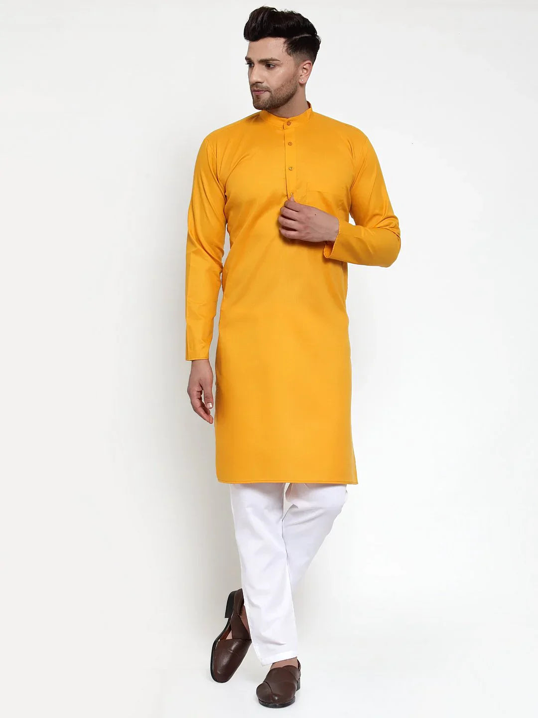 Mustard Yellow Mens Kurta - Cotton Indian Kurta for Men