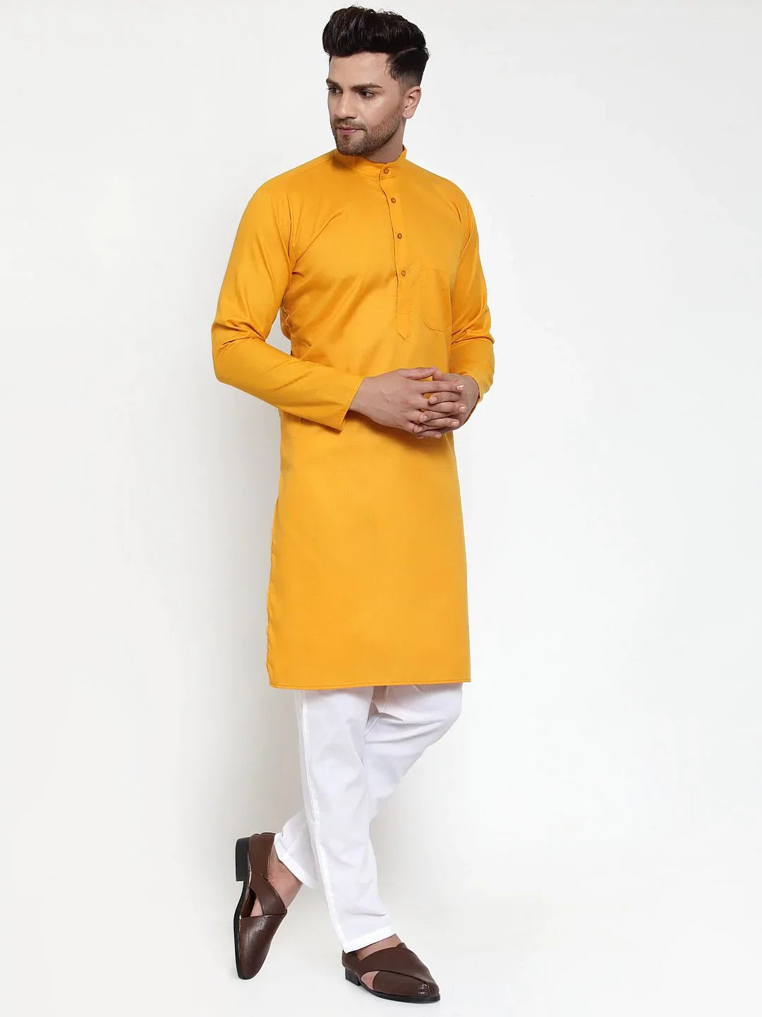 Mustard Yellow Mens Kurta - Cotton Indian Kurta for Men