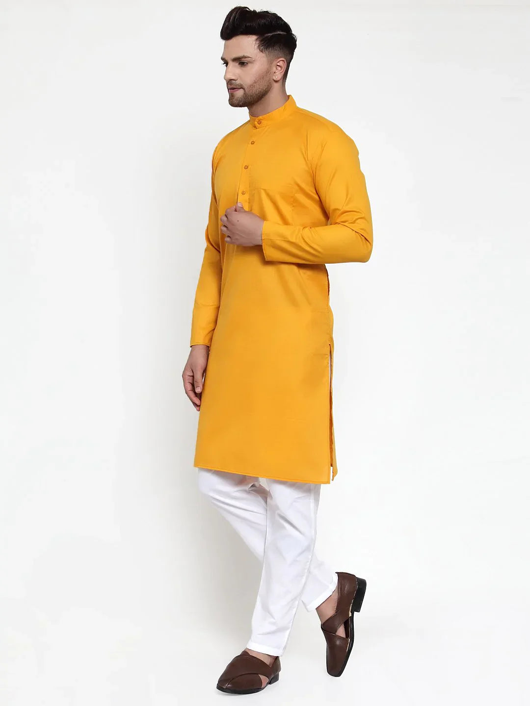 Mustard Yellow Mens Kurta - Cotton Indian Kurta for Men