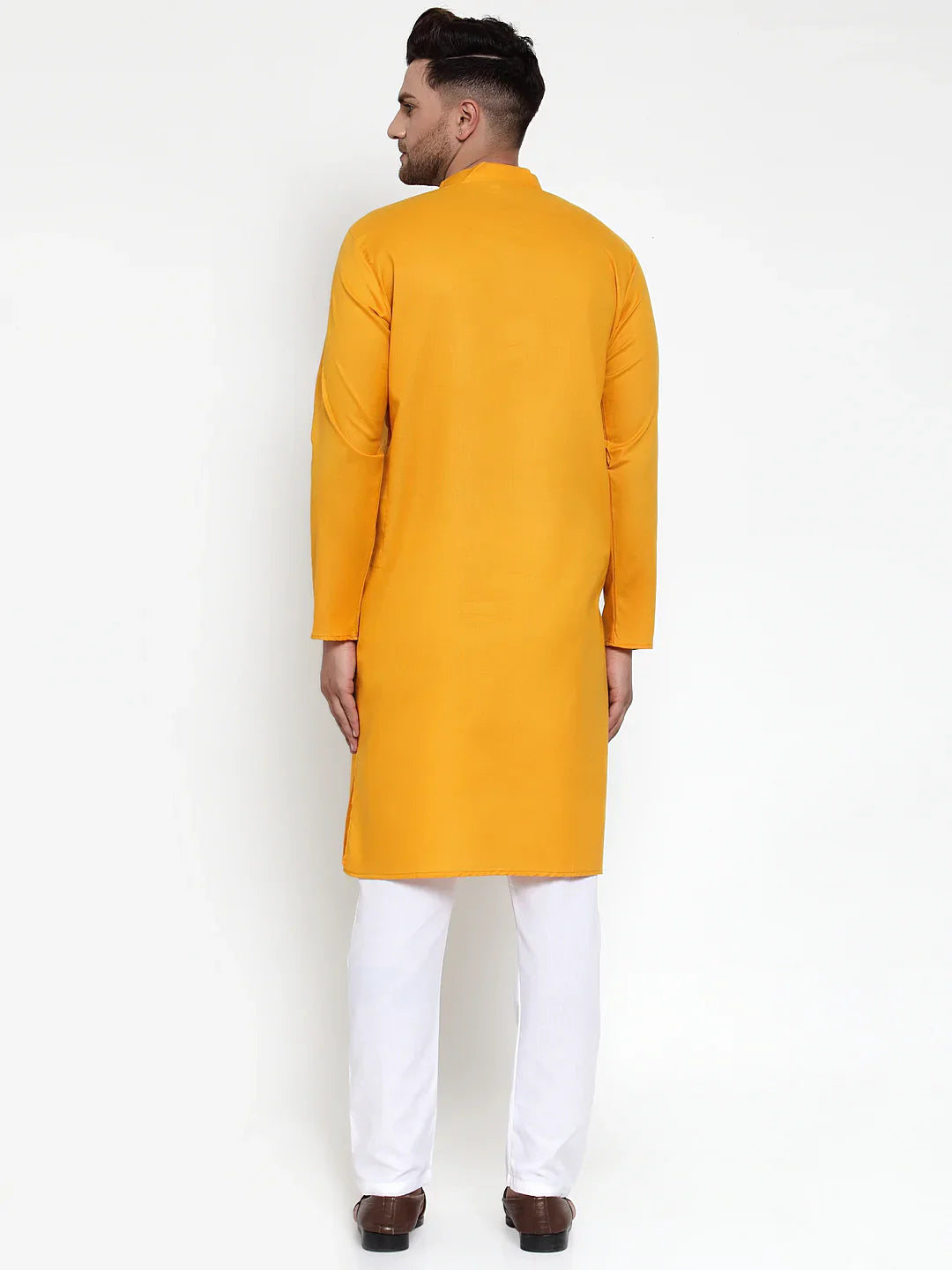 Mustard Cotton Mens Kurta Churidar - Solid Kurta Pajama Set