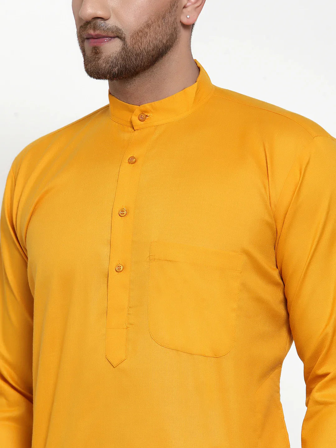 Mustard Cotton Mens Kurta Churidar - Solid Kurta Pajama Set