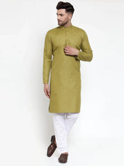 Men Olive Green & White Solid Kurta Only ( KO 611 Olive )-KO-611