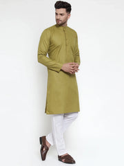 Men Olive Green & White Solid Kurta with Churidar ( JOKP 611 Olive )-JOKP-611