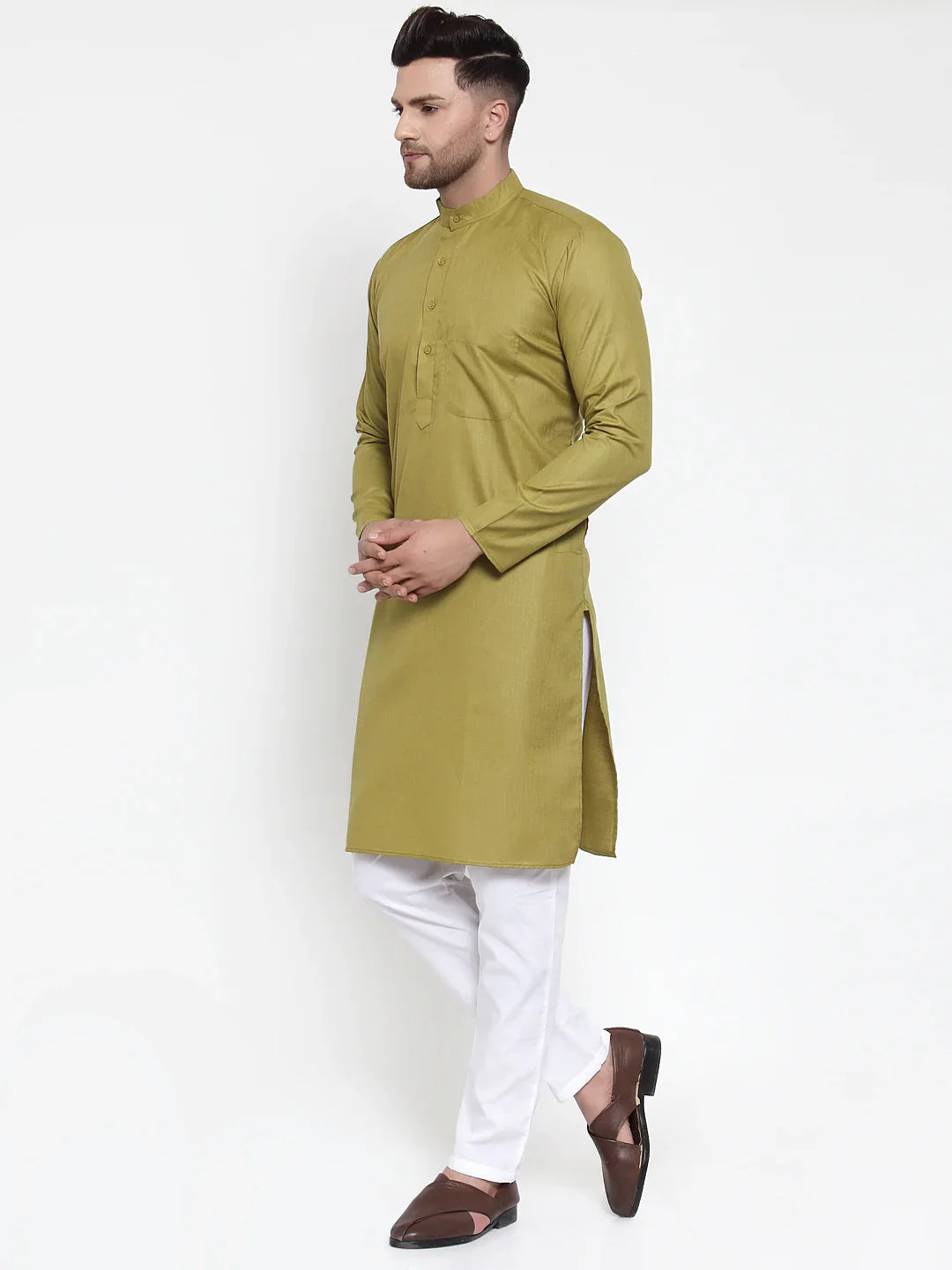 Olive Green Mens Kurta Pajama Set | Solid Cotton Kurta