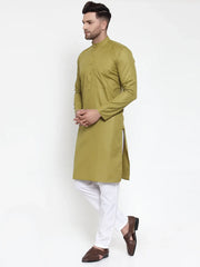 Men Olive Green & White Solid Kurta with Churidar ( JOKP 611 Olive )-JOKP-611
