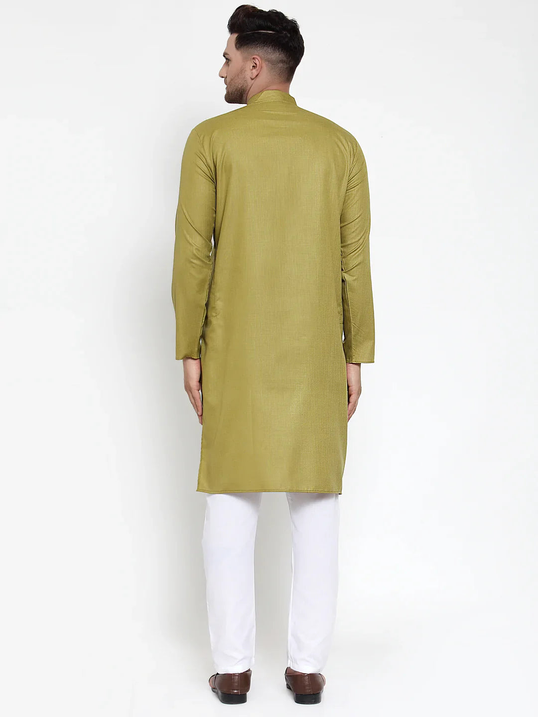 Olive Green Mens Kurta Pajama Set | Solid Cotton Kurta