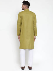 Men Olive Green & White Solid Kurta with Churidar ( JOKP 611 Olive )-JOKP-611