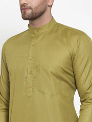 Men Olive Green & White Solid Kurta with Churidar ( JOKP 611 Olive )-JOKP-611