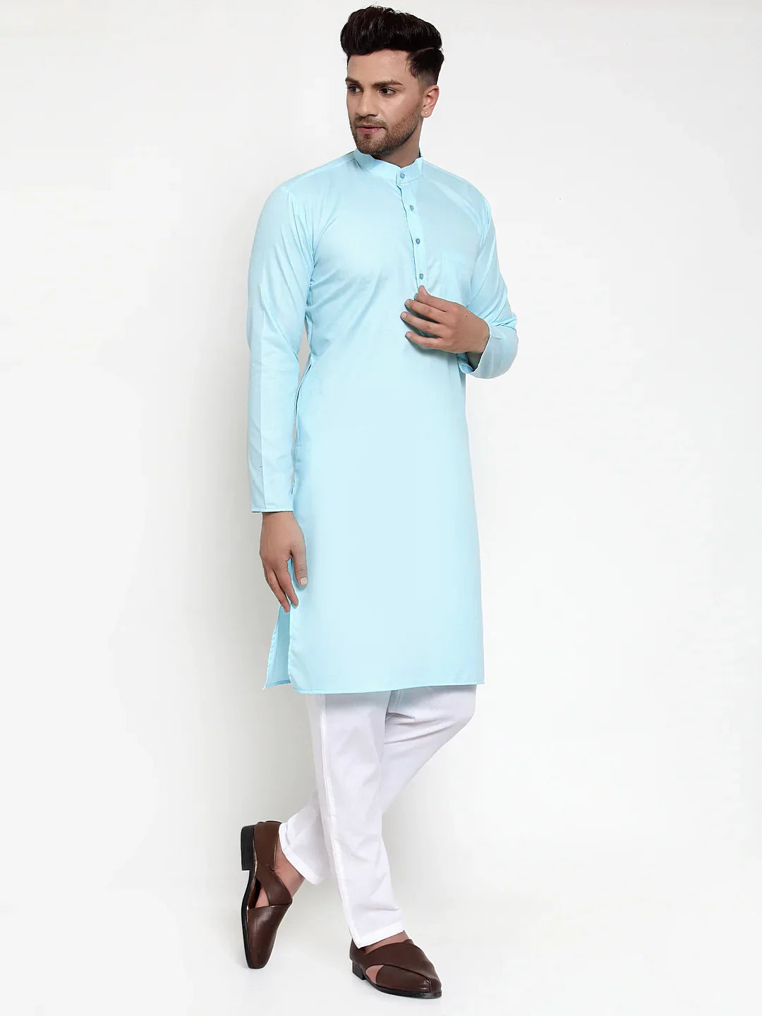 Sky Blue Cotton Mens Kurta Pajama | Solid Kurta Churidar
