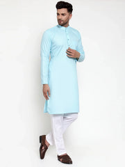 Men Sky-Blue & White Solid Kurta with Churidar ( JOKP 611 Sky )-JOKP-611