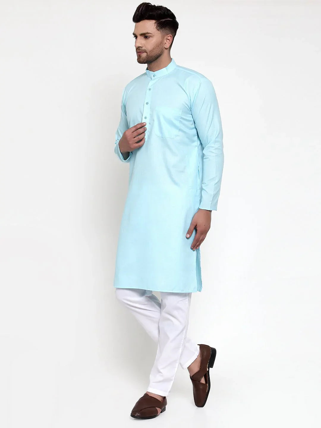 Sky Blue Mens Kurta - Solid Indian Kurta for Men | Cotton