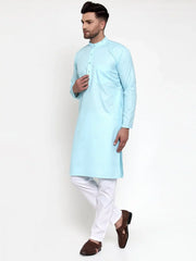 Men Sky-Blue & White Solid Kurta Only ( KO 611 Sky )-KO-611