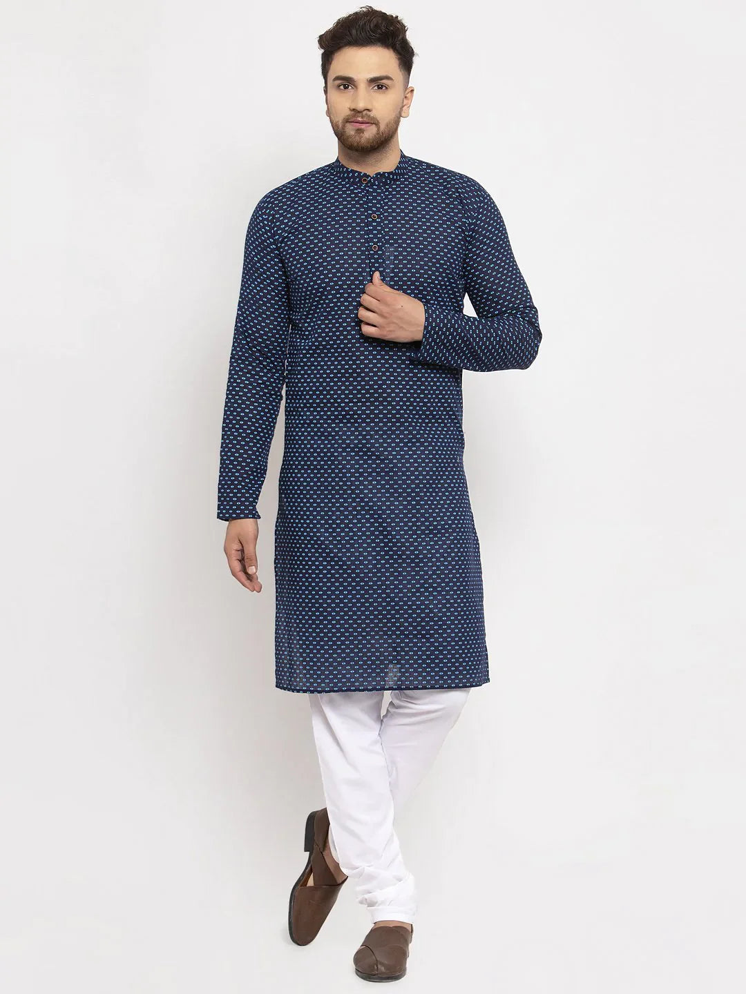 Men Blue Cotton Printed Kurta Only ( KO 614 Blue )-KO-614