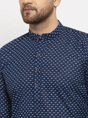 Men Blue Cotton Printed Kurta with Pyjamas ( JOKP 614 Blue )-JOKP-614