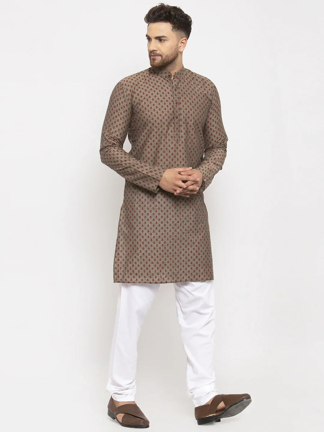 Grey Cotton Mens Kurta Pajama Set - Traditional Pathani Style