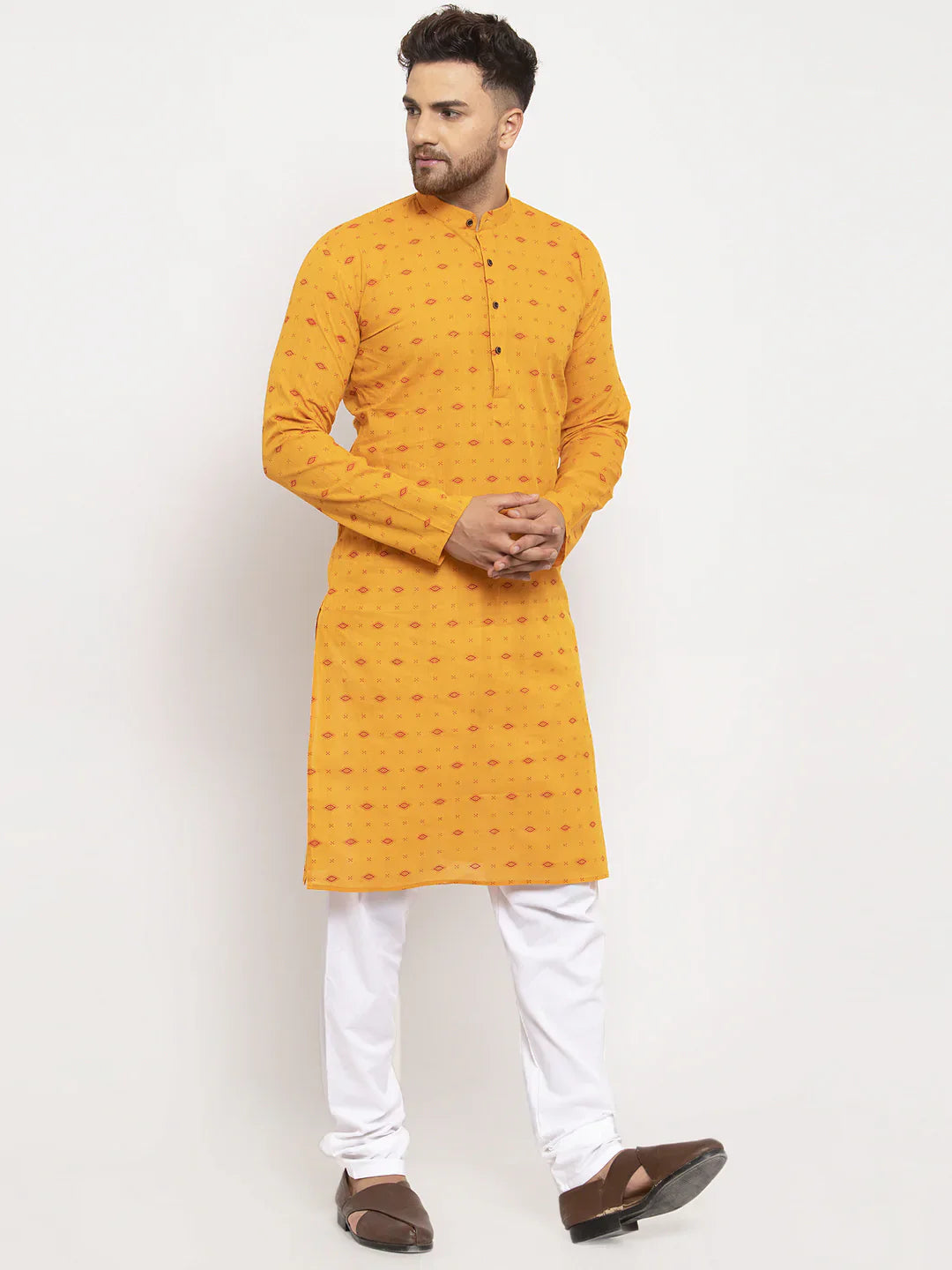 Yellow Cotton Mens Kurta Pajama Set - Traditional Kurta Pajama