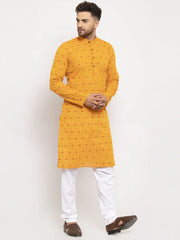 Men Yellow & White Cotton Printed Kurta with Pyjamas ( JOKP 614 Yellow )-JOKP-614