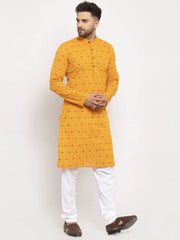 Men Yellow & White Cotton Printed Kurta Only ( KO 614 Yellow )-KO-614