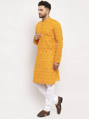 Men Yellow & White Cotton Printed Kurta Only ( KO 614 Yellow )-KO-614