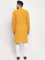 Men Yellow & White Cotton Printed Kurta Only ( KO 614 Yellow )-KO-614