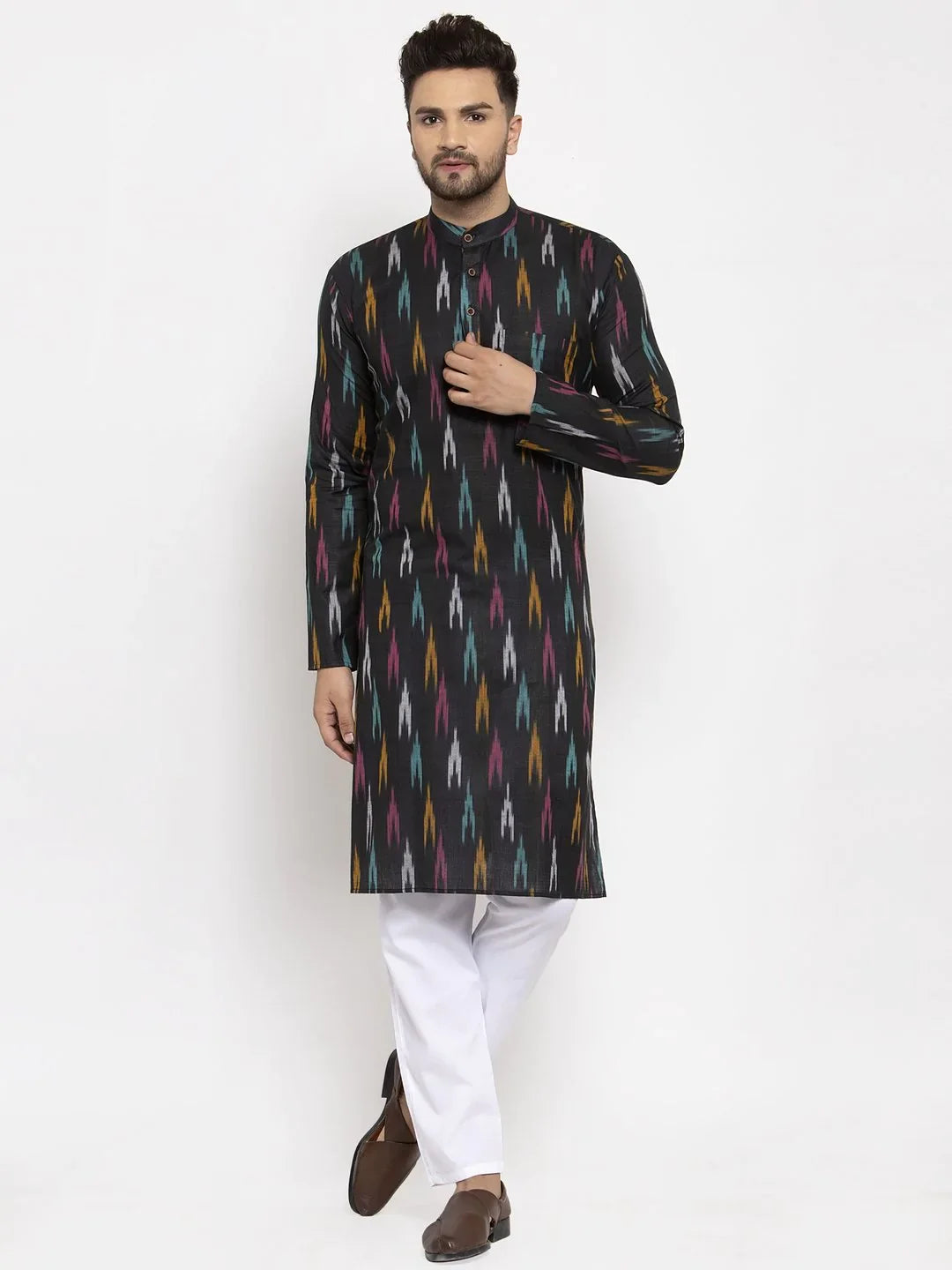 Black Woven Design Ikkat Mens Kurta | Indian Kurta for Men