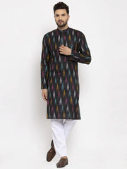 Men Black Woven Design Ikkat Straight Kurta Only ( KO 615 Black )-KO-615