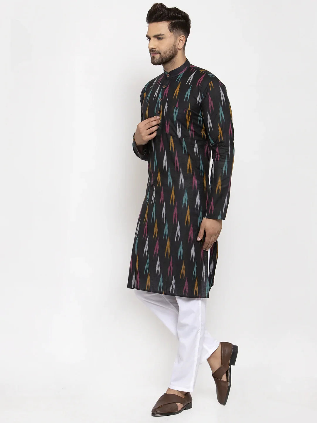 Black Woven Ikkat Mens Kurta Pajama Set | Ethnic Pathani