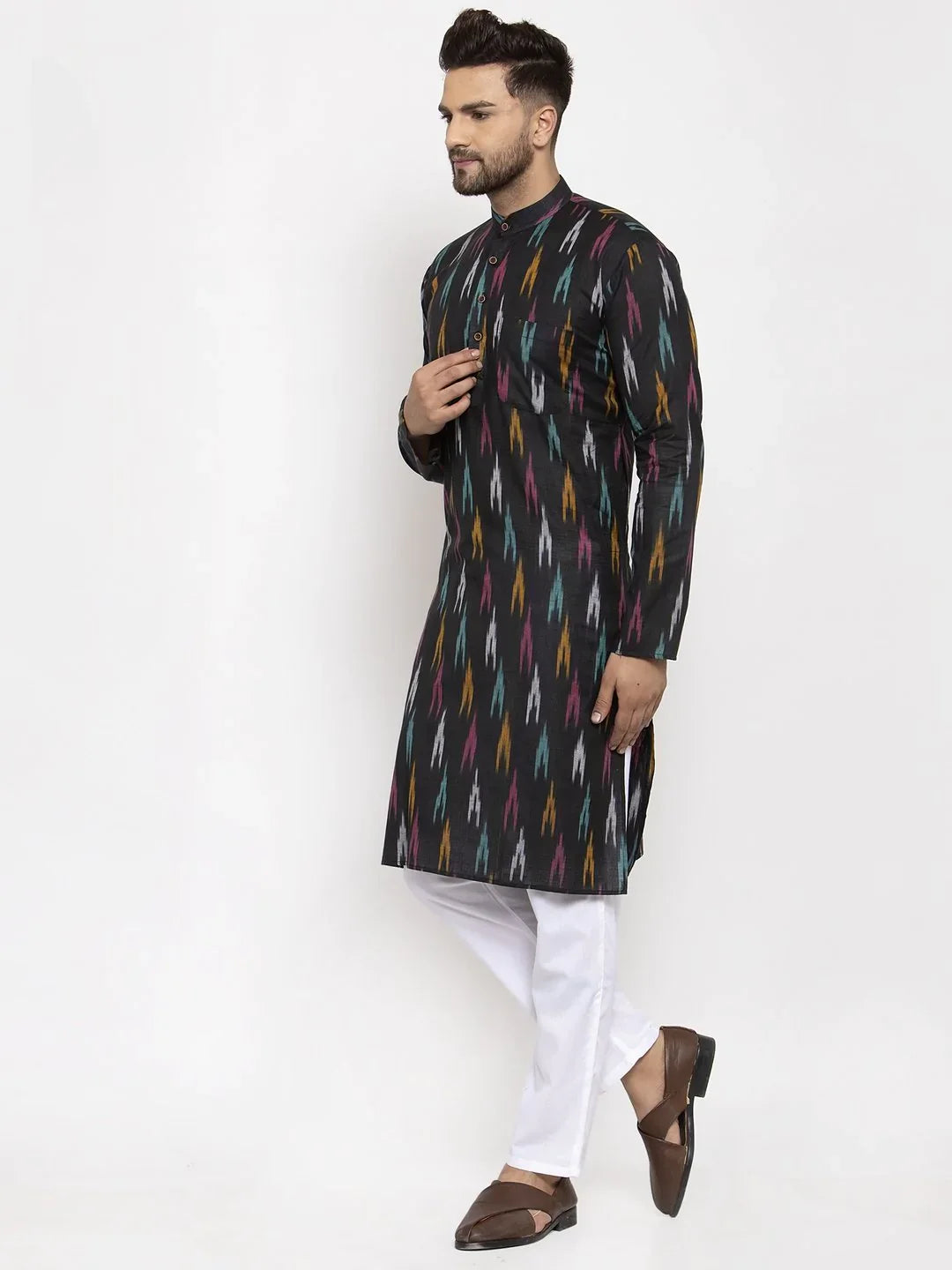 Black Woven Design Ikkat Mens Kurta | Indian Kurta for Men