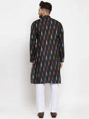 Men Black Woven Design Ikkat Straight Kurta with Churidar ( JOKP 615 Black )-JOKP-615