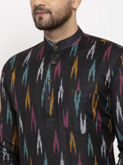 Men Black Woven Design Ikkat Straight Kurta with Churidar ( JOKP 615 Black )-JOKP-615