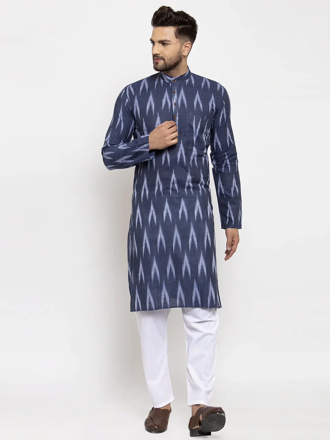 Blue Ikkat Mens Kurta Pajama Set | Cotton Kurta Pajama
