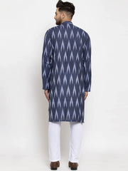 Men Blue Woven Design Ikkat Straight Kurta with Churidar ( JOKP 615 Blue )-JOKP-615