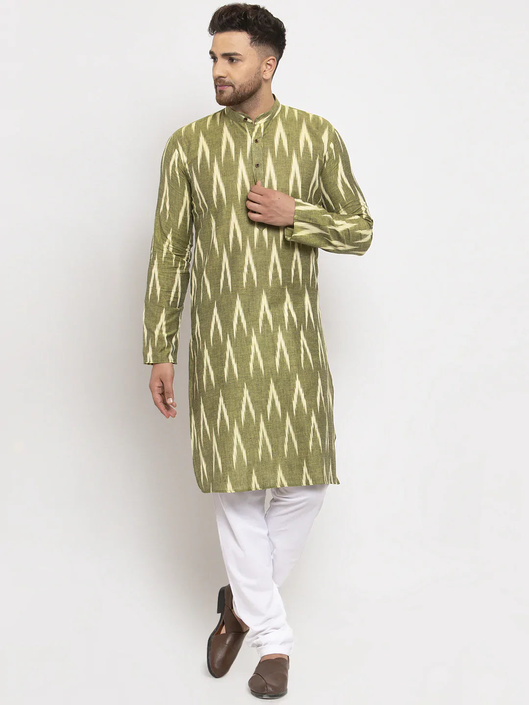 Green Ikkat Mens Kurta Pajama Set | Cotton Kurta Pajama