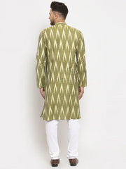 Men Green Woven Design Ikkat Straight Kurta with Churidar ( JOKP 615 Green )-JOKP-615