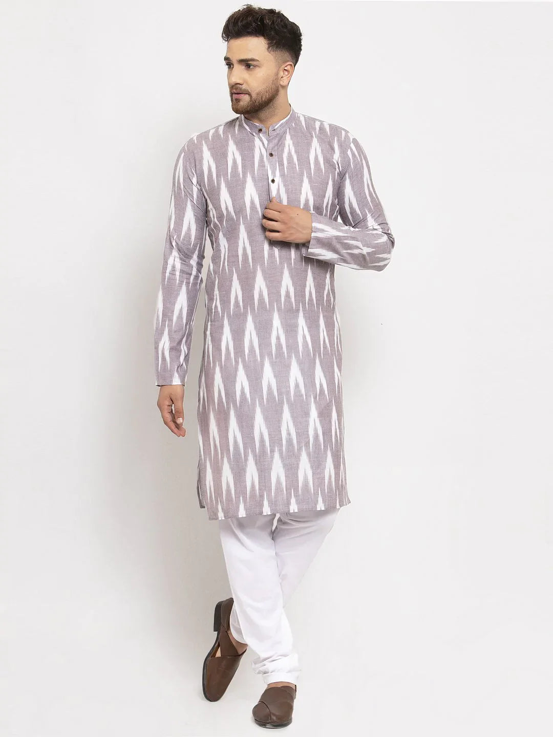Grey Woven Design Mens Kurta - Cotton Indian Kurta for Men