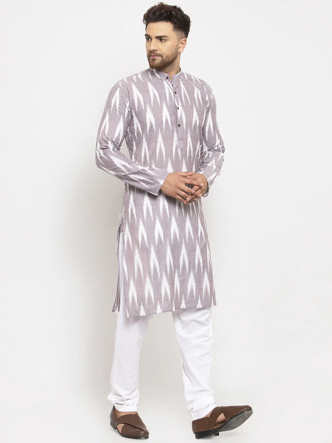 Grey Ikkat Mens Kurta Pajama Set | Cotton Kurta Pajama