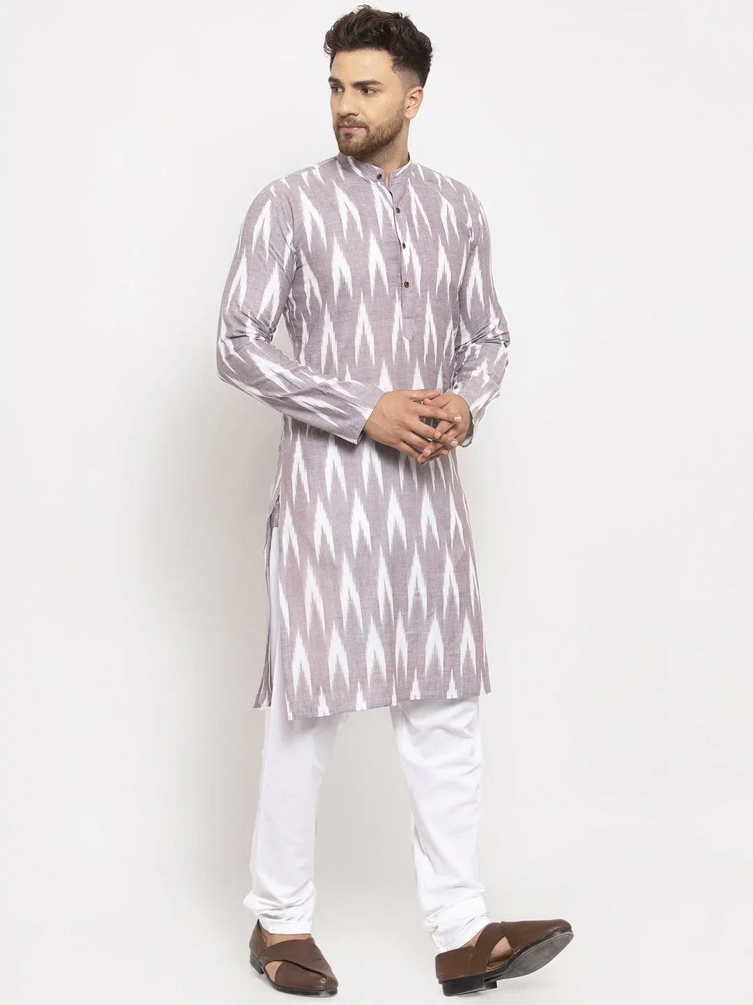Grey Woven Design Mens Kurta - Cotton Indian Kurta for Men