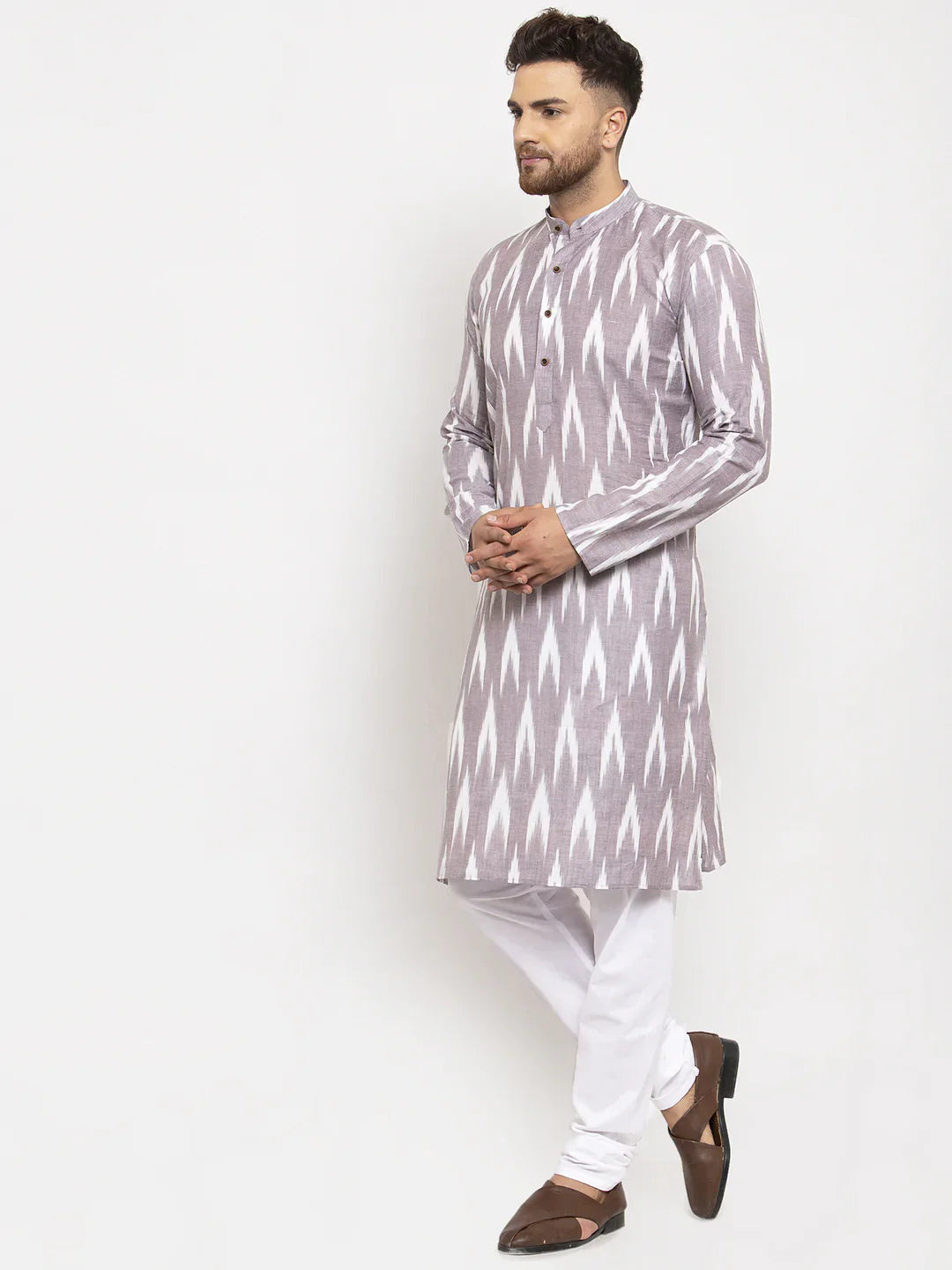 Grey Ikkat Mens Kurta Pajama Set | Cotton Kurta Pajama