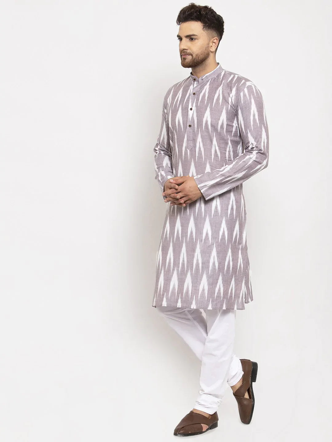 Grey Woven Design Mens Kurta - Cotton Indian Kurta for Men