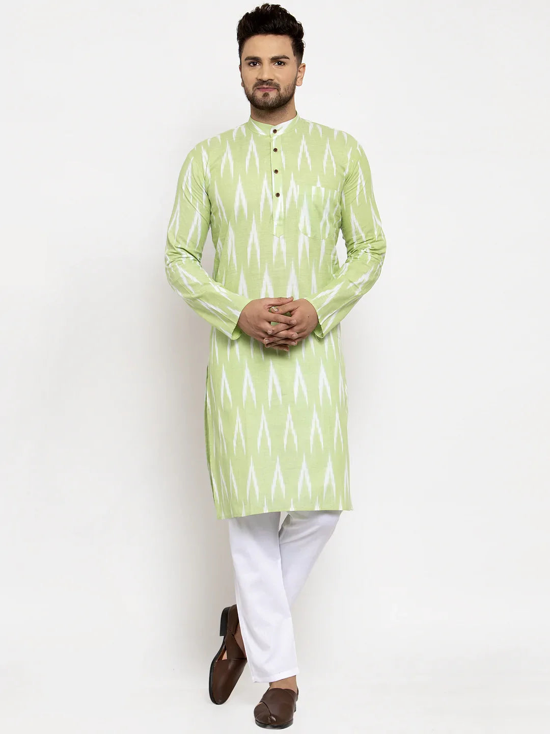 Lime Green Ikkat Mens Kurta Pajama Set | Cotton Kurta Pajama