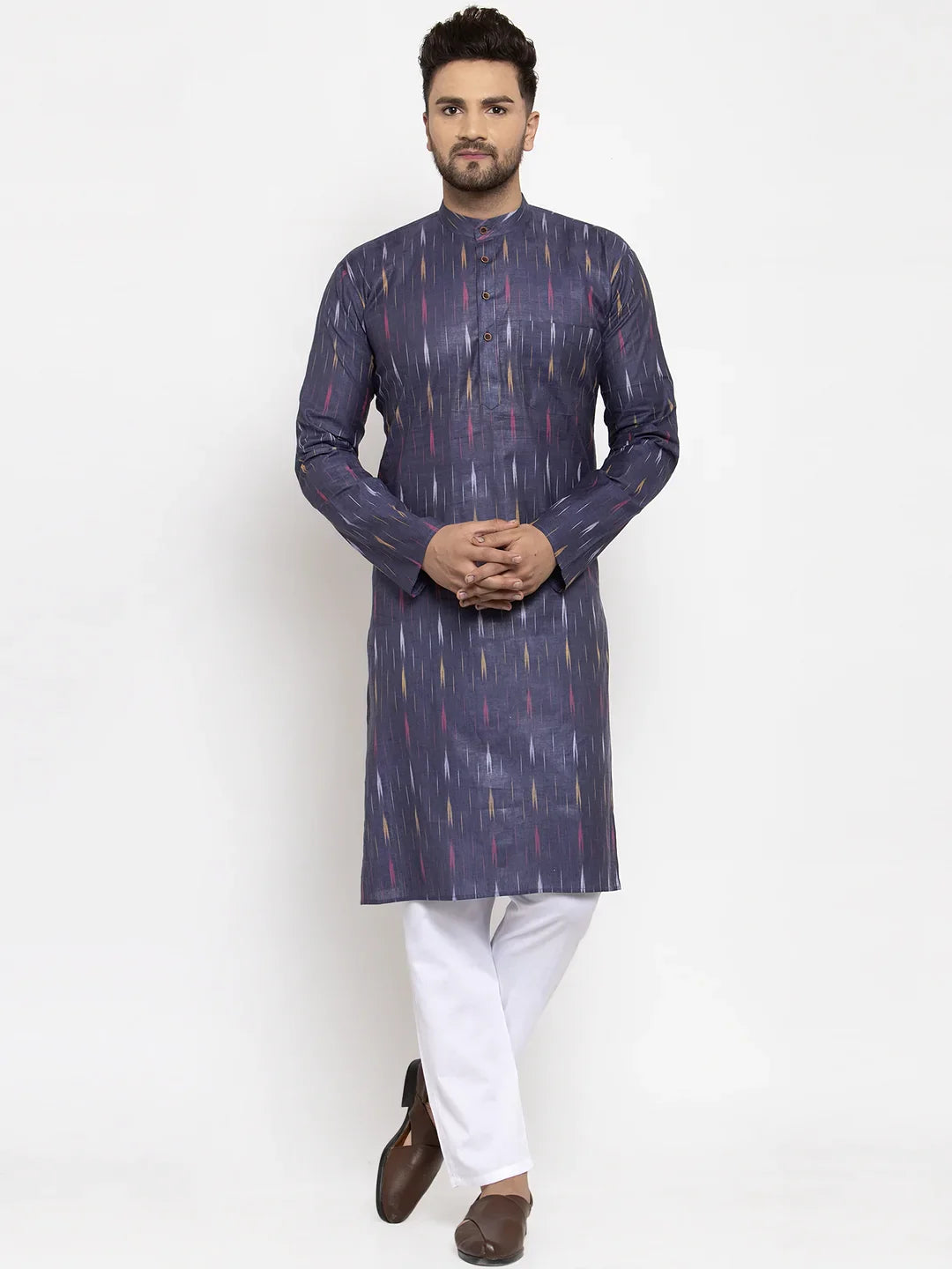 Navy Blue Ikkat Mens Kurta Pajama Set | Cotton Kurta Pajama