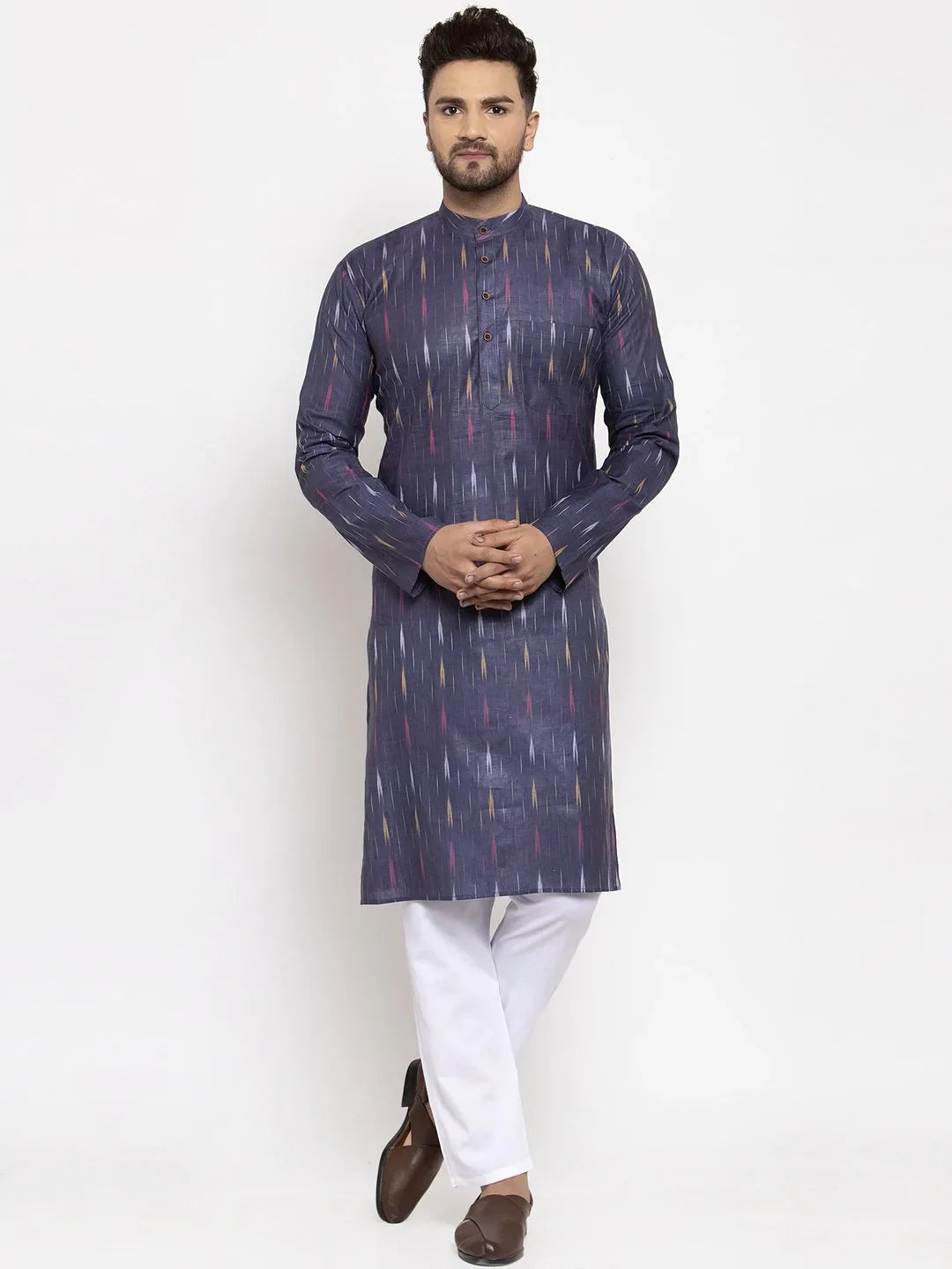 Navy Blue Woven Design Indian Kurta for Men - Cotton Kurta