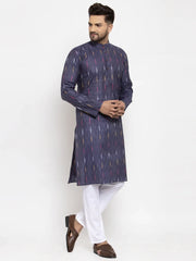 Men Navy Blue Woven Design Ikkat Straight Kurta with Churidar ( JOKP 615 Navy )-JOKP-615