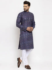Men Navy Blue Woven Design Ikkat Straight Kurta Only ( KO 615 Navy )-KO-615