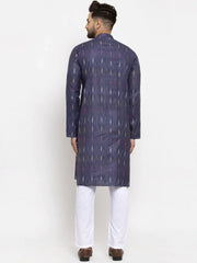 Men Navy Blue Woven Design Ikkat Straight Kurta Only ( KO 615 Navy )-KO-615