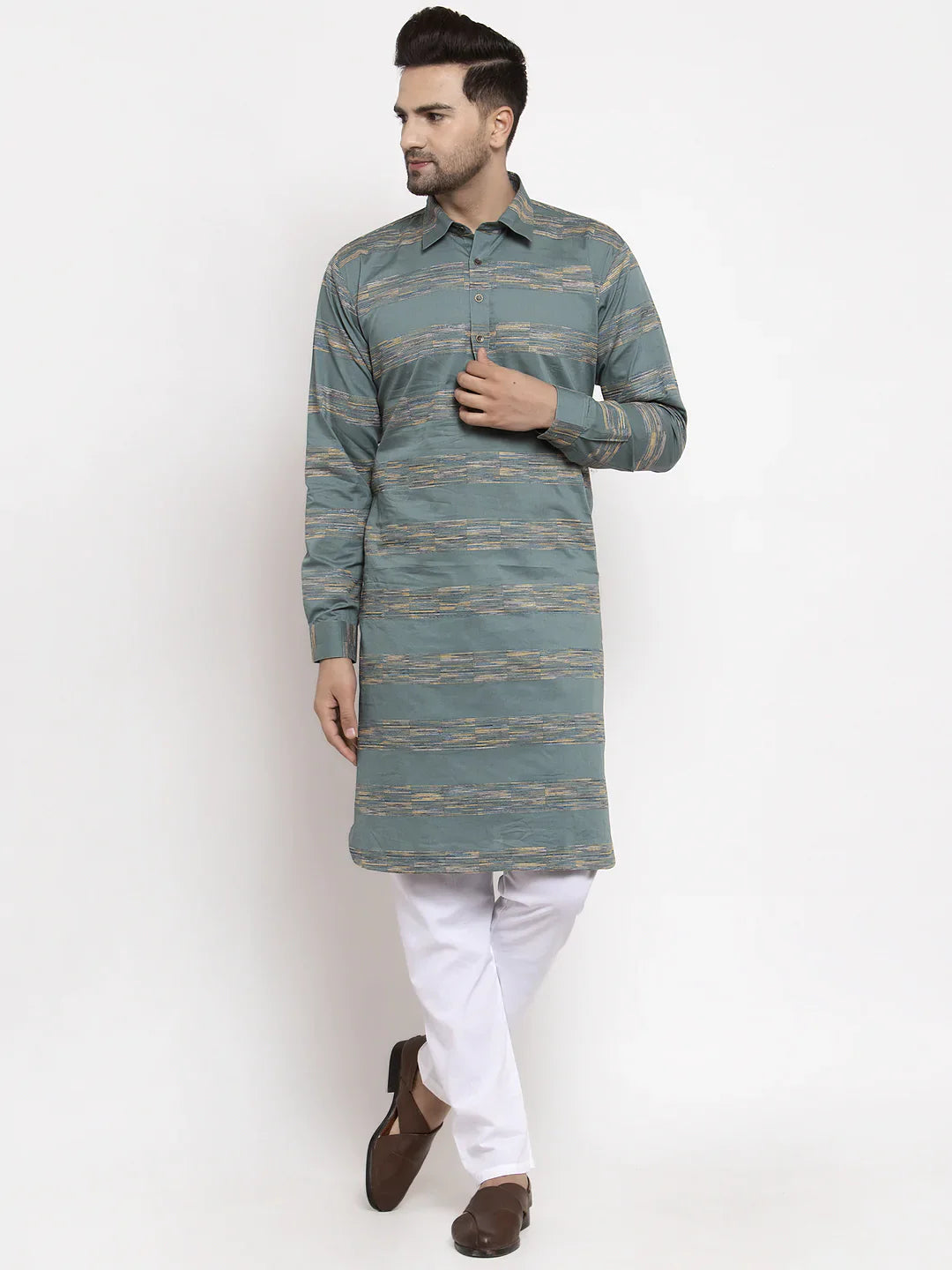 Green & White Woven Mens Kurta Pajama Set | Cotton Blend
