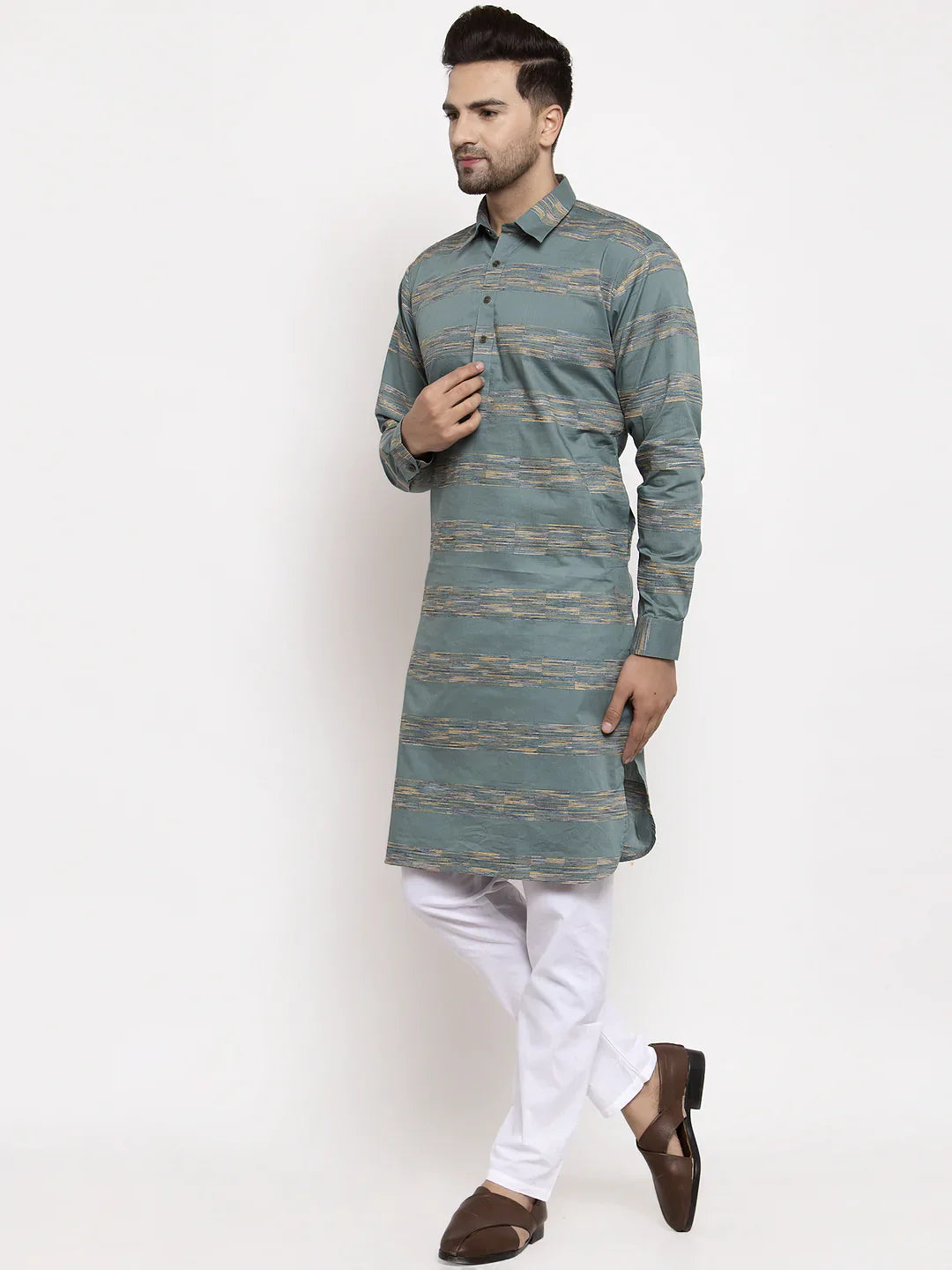 Green & White Woven Mens Kurta Pajama Set | Cotton Blend