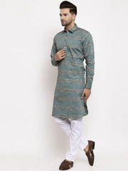 Men Green & White Woven Design Kurta with Pyjamas ( JOKP 621 Green )-JOKP-621