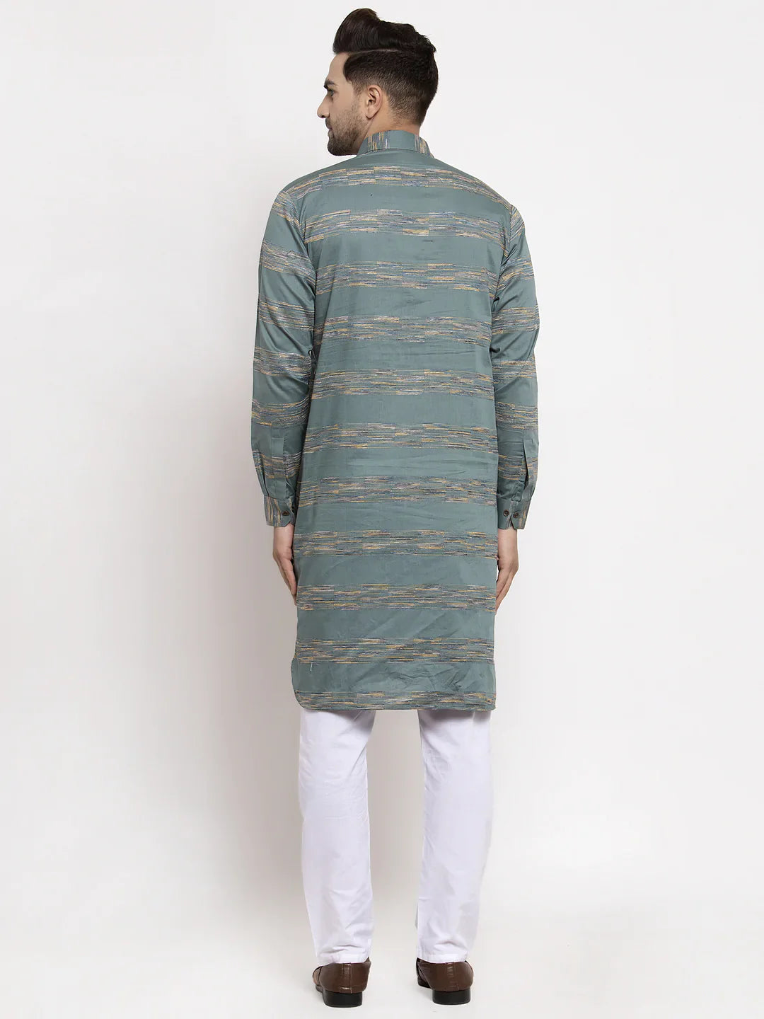 Green & White Woven Mens Kurta Pajama Set | Cotton Blend